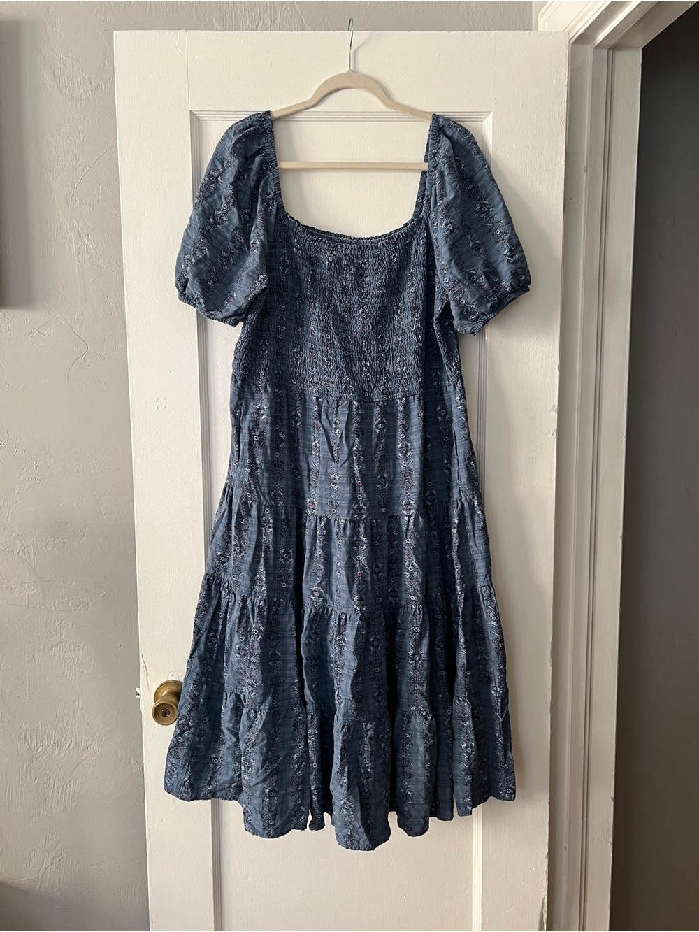 Sonoma Navy Puff-Sleeve Tiered Midi Dress